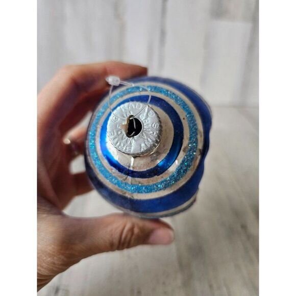 Vintage radko shiny Brite reflector blue striped ball ornament Xmas tree - Picture 9 of 10